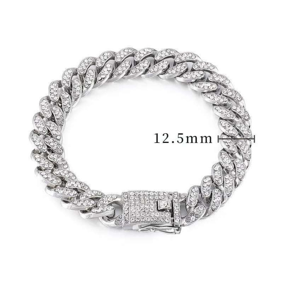 Dog Collars & Leashes Cuban Necklace Paved Rhinestones 12.5mm Width Chain Hip Hop Jewelry Gold Color Stainless Steel Material CZ Clasp Men 3b6