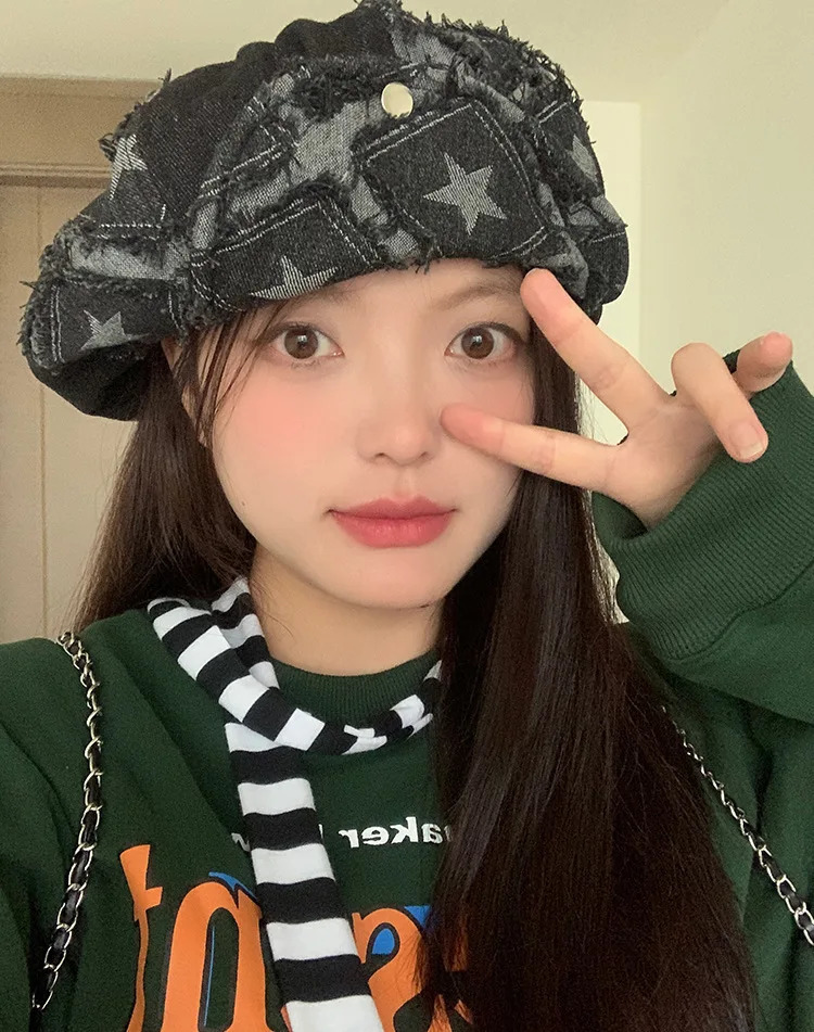 Denim Berets Caps Women Rough Edge Star Berets Showing Face Small Spring and Autumn Ins Retro Womens Hats 250320