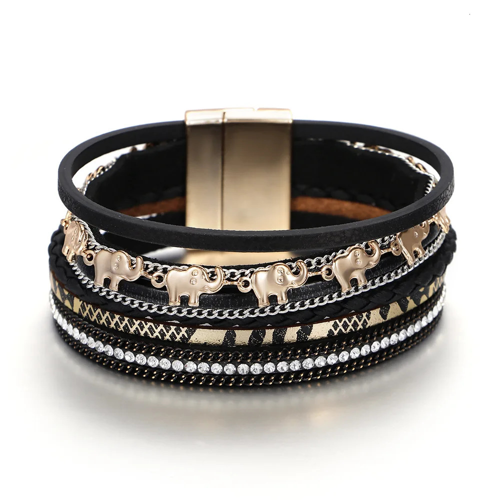 Fashion Elephant Pendant Hand-woven Leather Bracelet Ladies Ins Style with Rhinestone Magnet Clasp Bracelet 250320