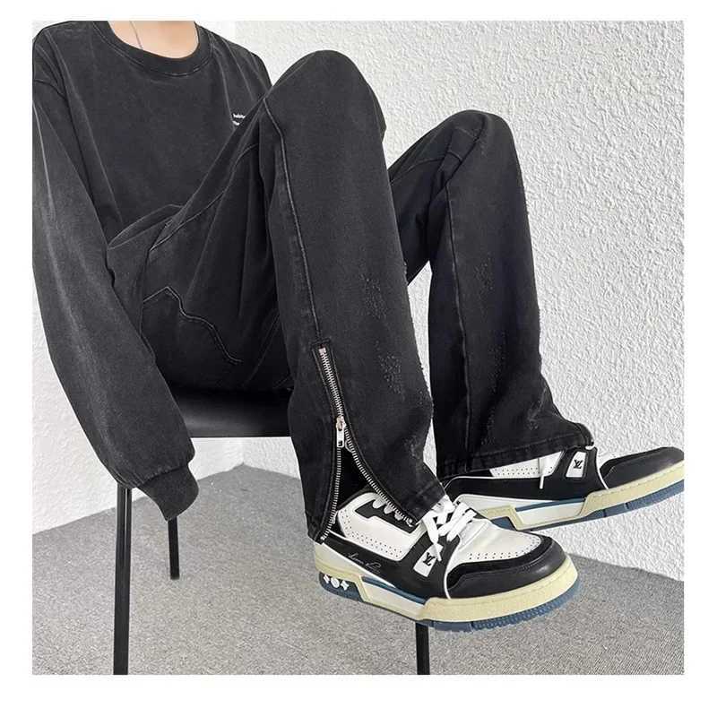 Retro washed jeans mens spring and autumn European and American street hip-hop pants zipper design sensual casual TrouserT250319