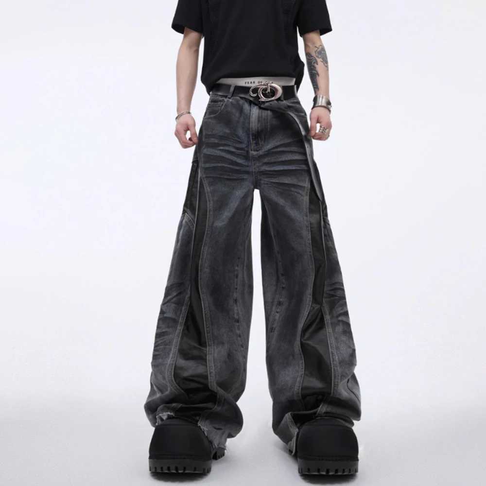 Mens jeans Pu leather splicing beard washing wilderness style casual pants streetwear fashion personality mens clothingT250319