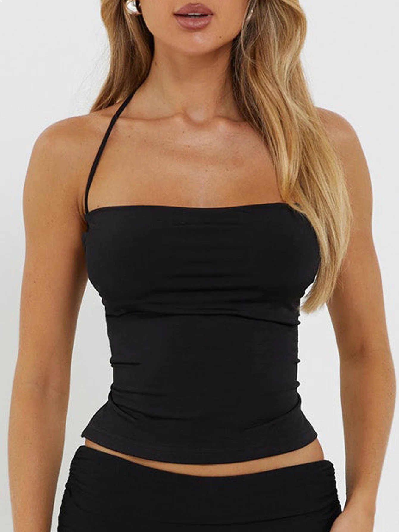 Womens neckband backless vest basic style solid color slim fit sexy hanging top 250319