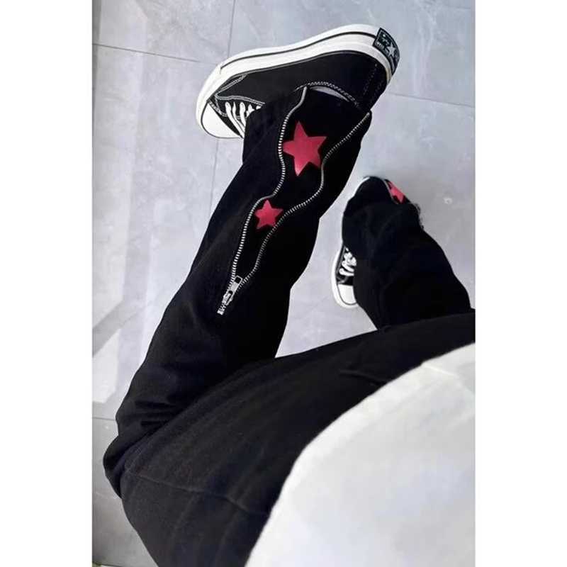 Mens printed denim pants loose straight legs on American streets slightly pleated pants designed with sensitive zipper bootsT250319