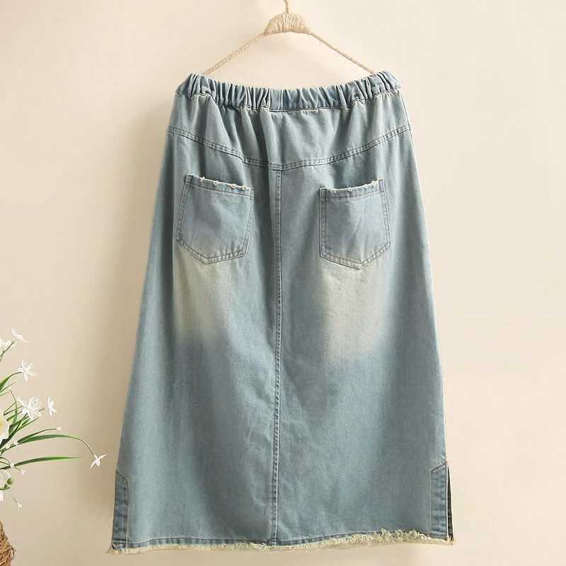 TIYIHAILEY Cotton Denim Long Mid-calf Skirts For Women Tassels Summer Spring Elastic Waist A-line Embroidery Holes 2024 NewXJ250320