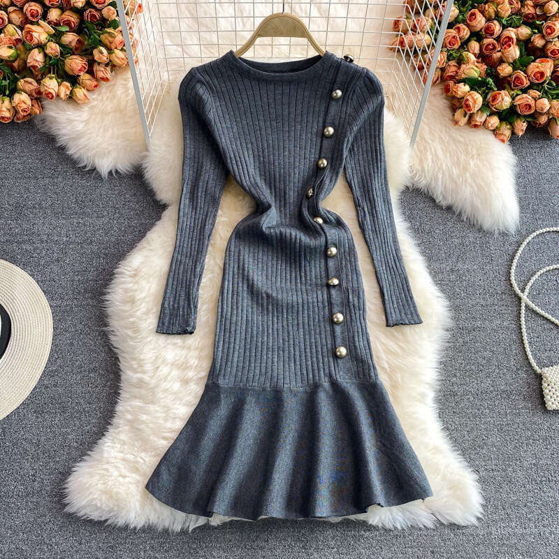 Vestidos Elegantes Bottom Sweater Hip Hugging Slim Fit Slimming Fishtail Skirt Autumn and Winter Round Neck Long Sleeved Temperament Knitted Dress