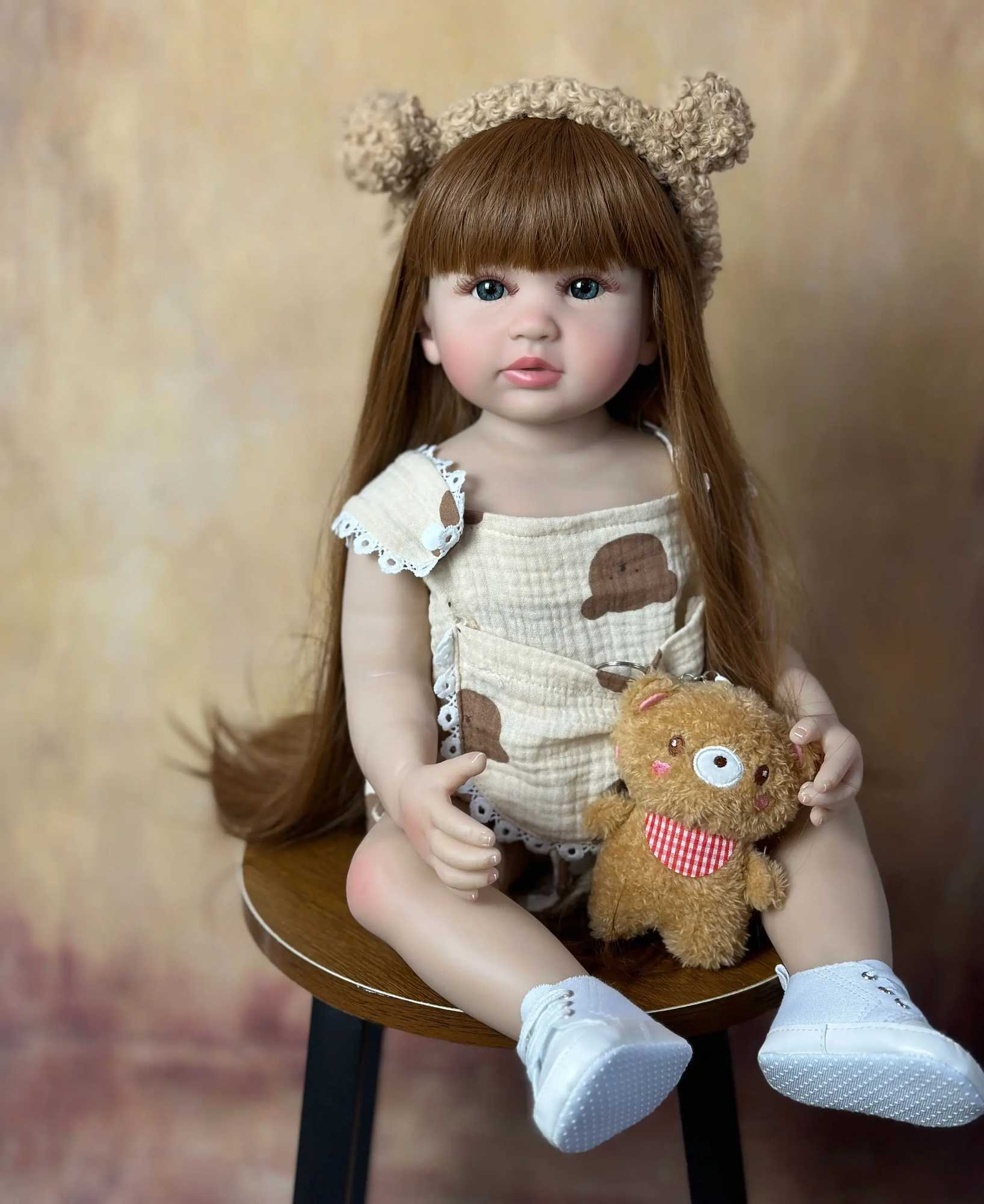 BZDOLL Lifelike 55cm 22 inch Regenerated Baby Doll Toy All Silicone Body Brown Long Hair Newborn Princess Baby Cute Gift W250320
