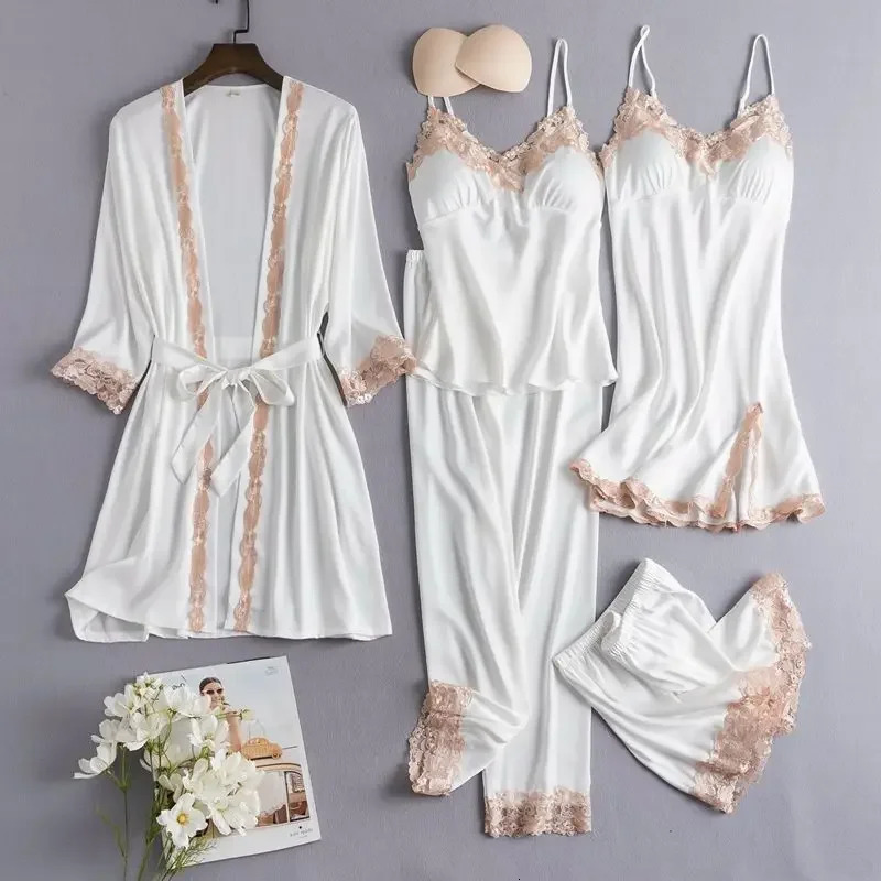 Sleepwear With Lace Women Pajamas Set Sexy 5 Pieces Dress Suit Kimono Gown Loungewear Vneck Bathrobe Lingerie Nightwear 250320