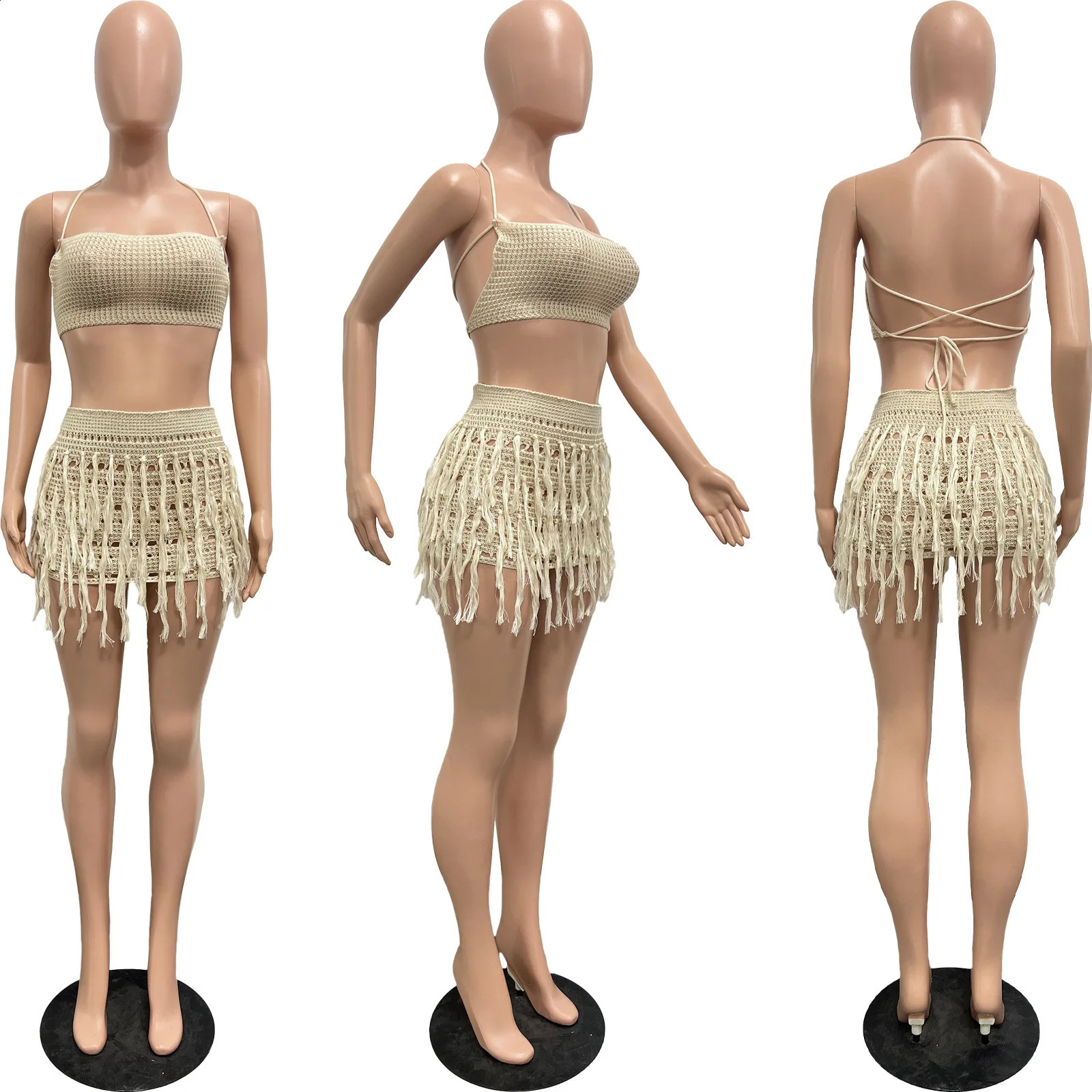 CM. YAYA Beach Holiday Knitted Crochet Tassel Womens Two Piece Set Bra Top and Mini Tight INS Street Dress Set 250318