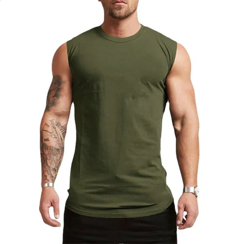 Compressed cotton vest mens gym breathable clothing fitness sleeveless Tshirt summer exercise casual sports muscle 250319