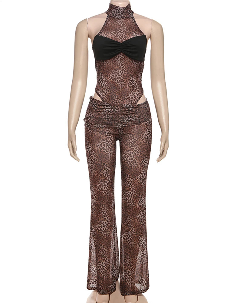 Weird Puss Leopard Print 2 Piece Set Women See Through Sexy Chest Wrap Sleeveless BodysuitFlare Pants Matching Midnight Club 250319