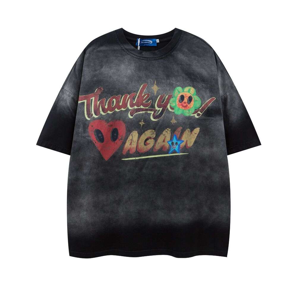 Jiayiku Men's 2025 Summer New American Trendy Brand Washed Tee Fun Graffiti Printed Short Sleeve T-shirt