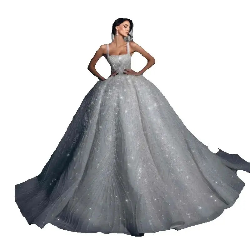 Sexy Square Neck Ball Gown Wedding Dresses Elegant Sleeveless Bridal Gowns Glitter Sequined Lace Robe De Mariee Customized