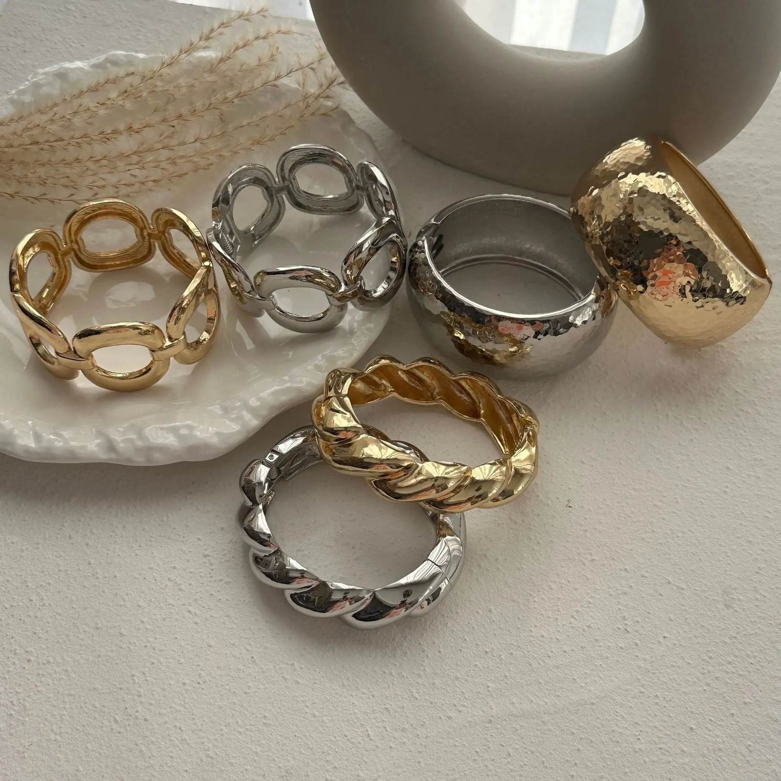 Wide Bangles Minimalist Hollow Out Alloy Silver Color Bracelets For Women Accessories Fashion Jewellery Engagement Party Gift 250320