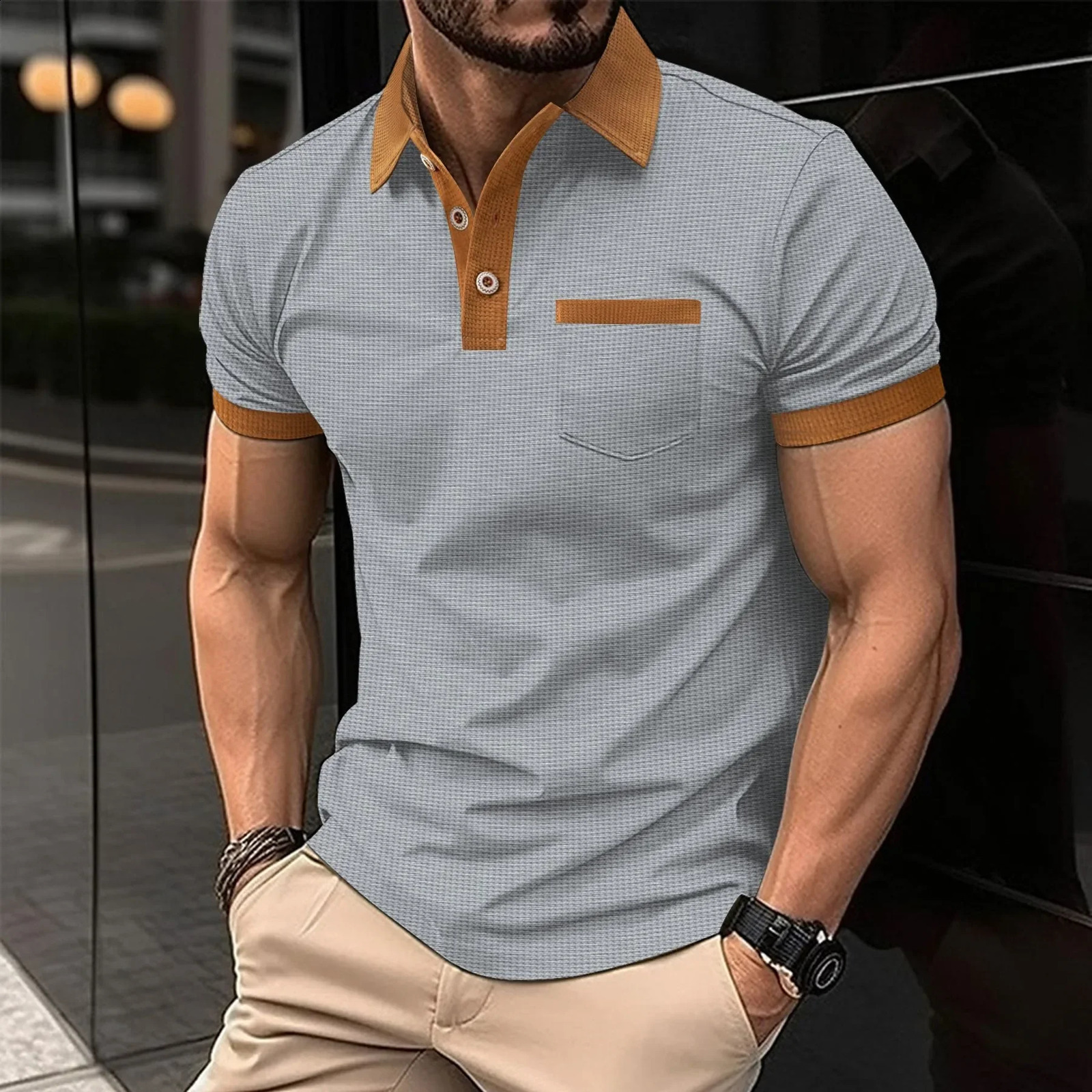 Summer Mens Short Sleeve POLO Shirt Waffle Color Chest Pocket Short Sleeve Button T-shirt Top Graphic T Shirts Men 250319