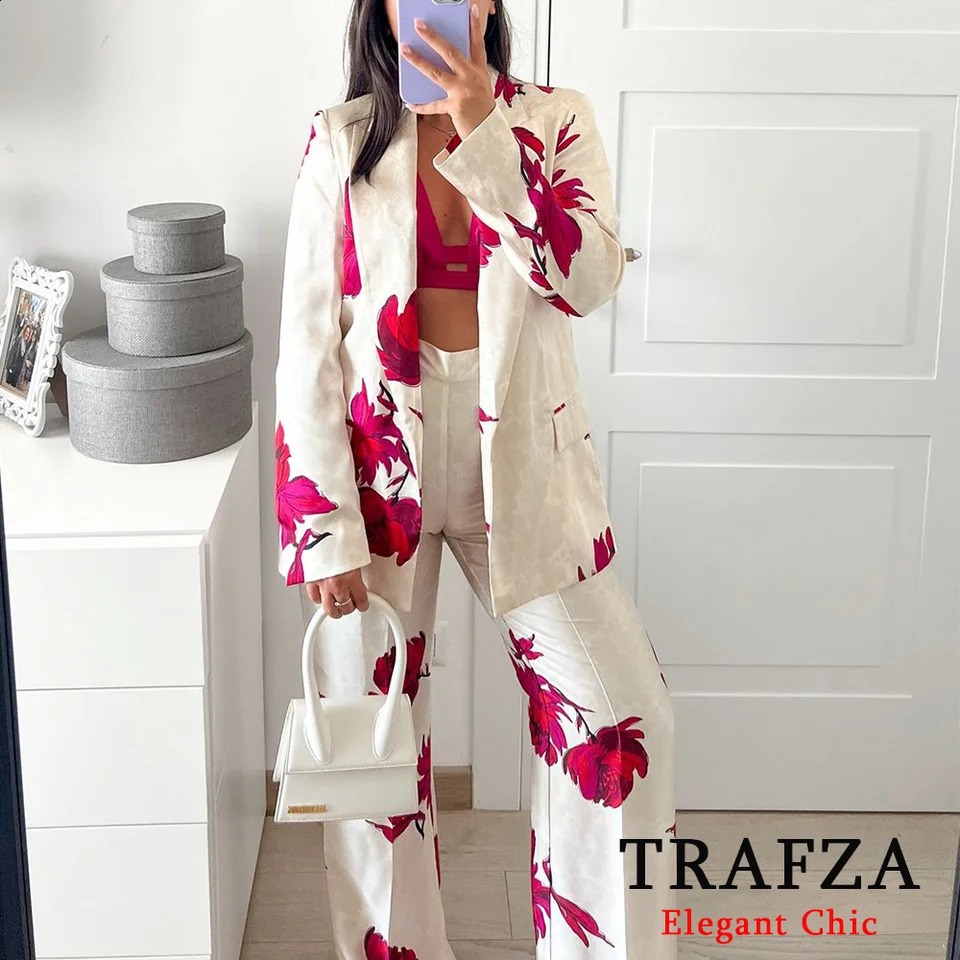 TRAFZA Casual Printed Jacket Set Womens Collar Jacket with Pants Spring/Summer Dinner Date Office Party Jacket Set 250317