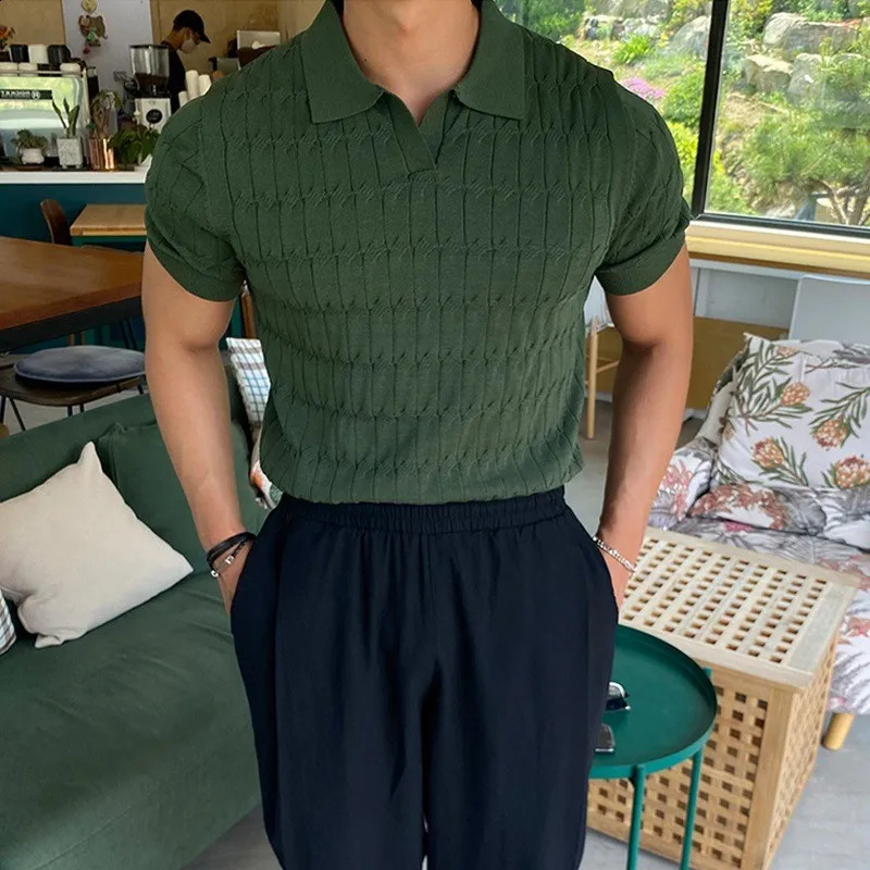 Summer Clothing Mens Knitted Jacquard Skinny Polo Shirt Korean Breathable Leisure V Neck Short Sleeve Knitwear 250319