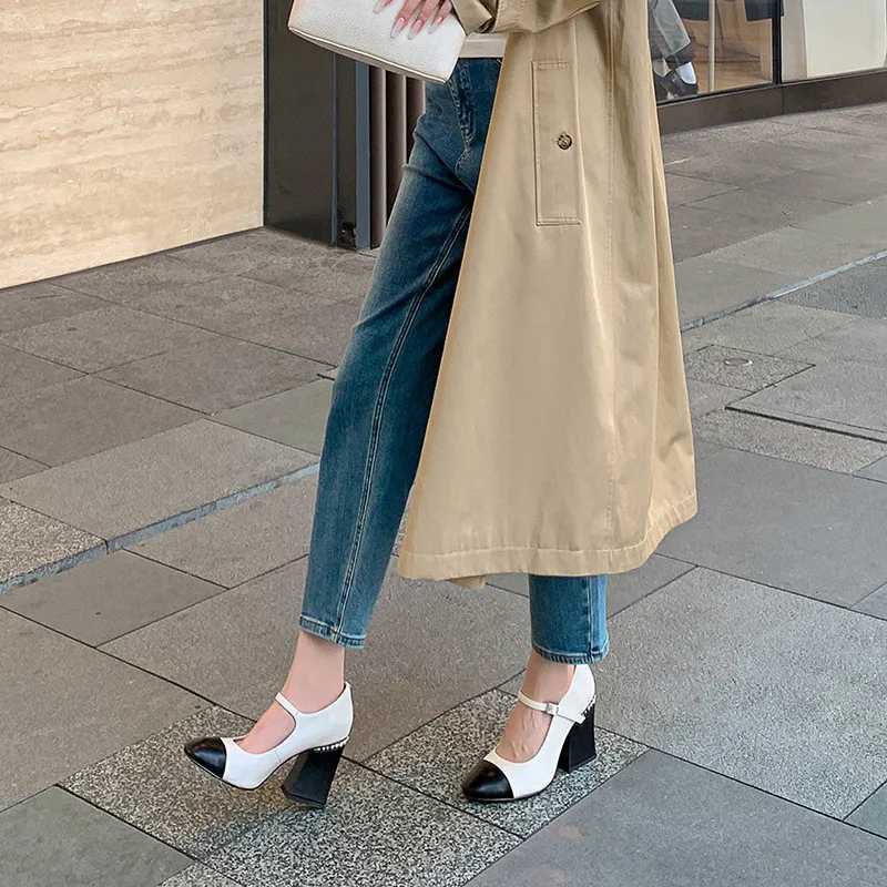 MKKHOU Fashion Pumps New High Quty True Leather Color Block Round Toe High Heels Mary Janes Shoes Commuter Women ShoesC250319