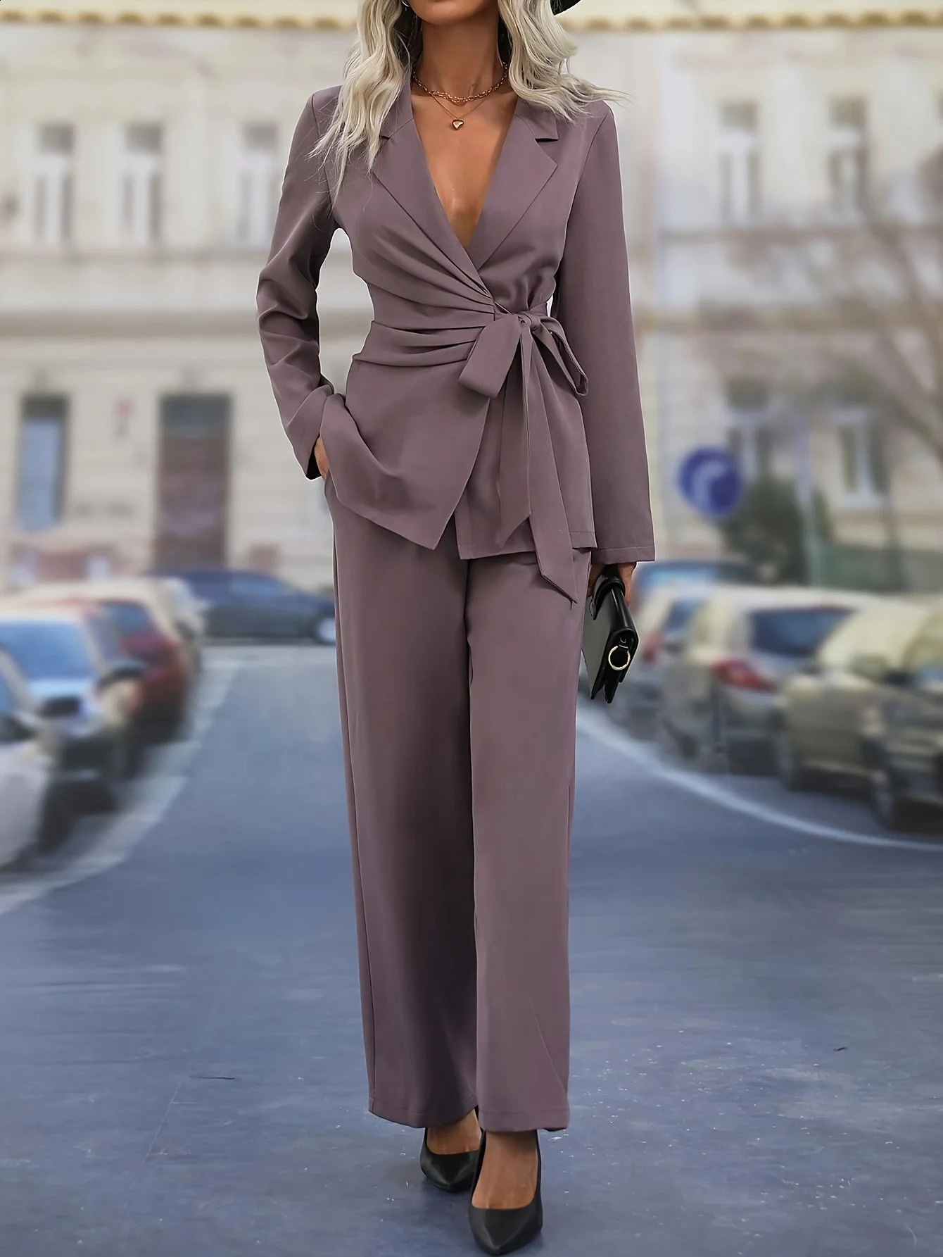 Womens Purple Pants Set Vneck Butterfly Strap Royal Style Top Elegant Warm 250319
