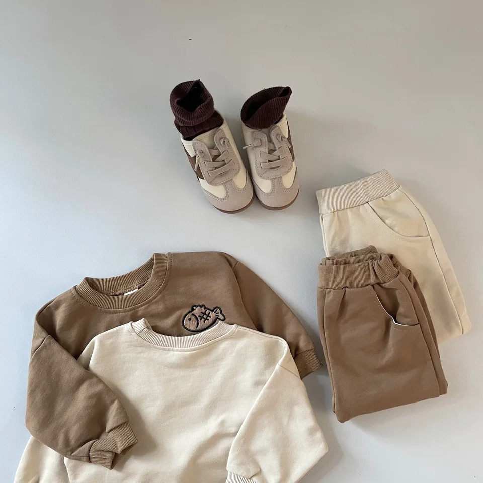 Korean version 100% pure cotton baby boy and girl spring autumn loose sportswear Pullover topmens twopiece clothing set 250319