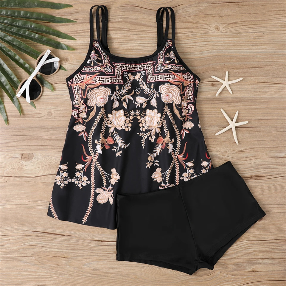 Floral Printed Tankini Set Women 2024 Two Piece Swimsuit Short High Waist Swimwear Female Bathing Suit Beachwear Swimming Summer 250319