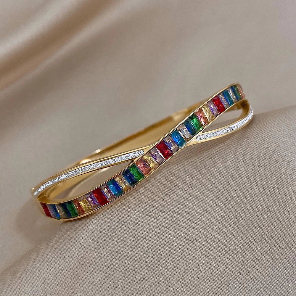 Greatera Exquisite Colorful Cubic Zirconia Rhinestone Intersect Stainless Steel Bangles Bracelets for Women Gold Plated Jewelry 250320