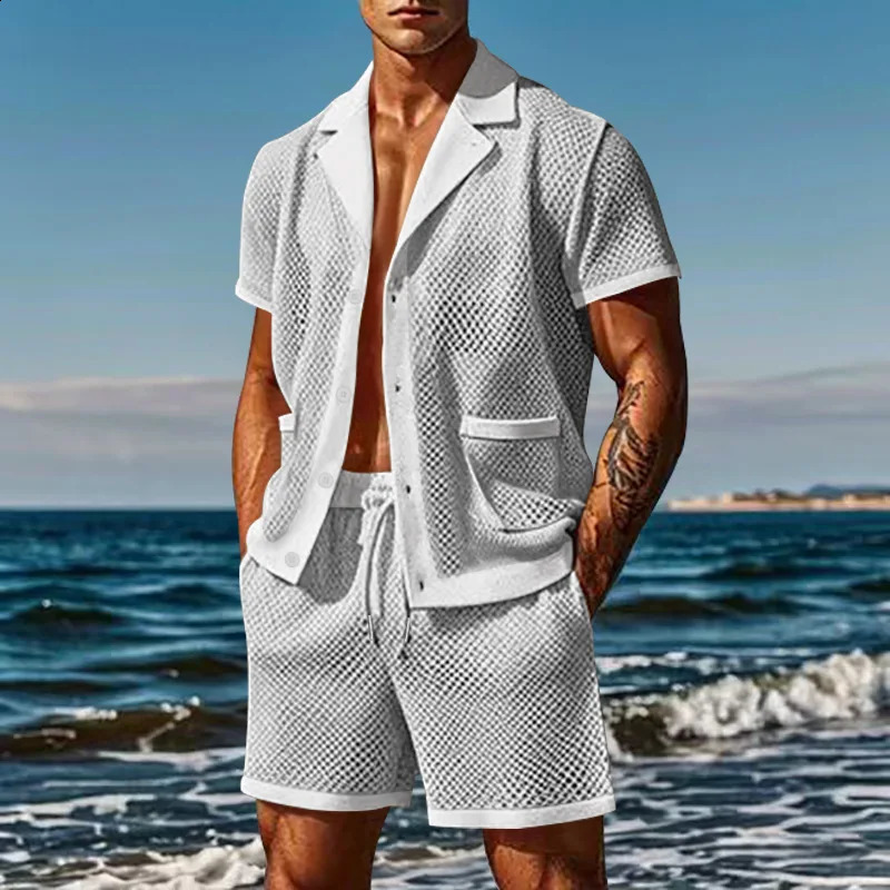 mesh breathable cold casual set thin mens short sleeved two-piece set 250314