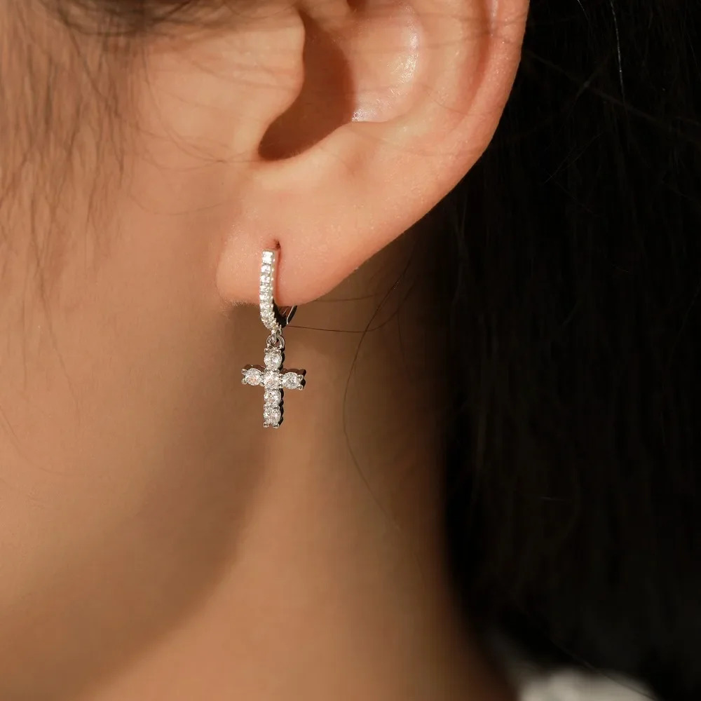 FEOBUR Full Moissanite Cross Drop Earrings for Women 100% 925 Sterling Sliver Lab Diamond Dangle Earrings Men Hiphop Jewelry