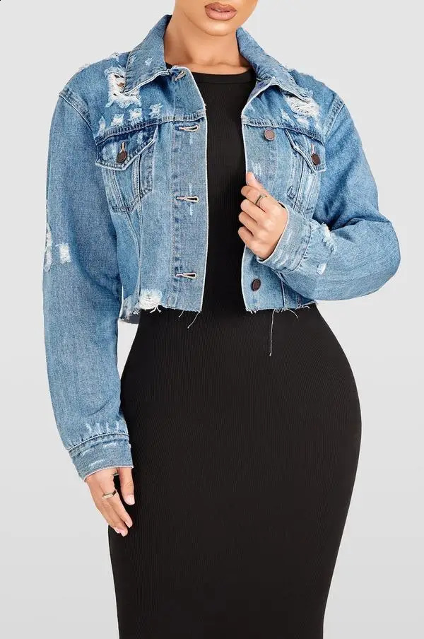 Womens Denim Coat Short Coats Hole Turn Down Collar Jackets Single Breasted Y2k Streetwear Open Stitch Outerwear Spring Casual 250319