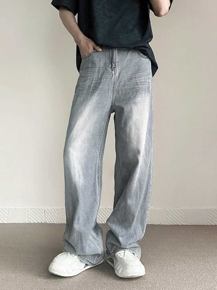 New retro grey pocket jeans mens fashion Harajuku casual Y2k pants straight high street mens wide denim TrousersT250319