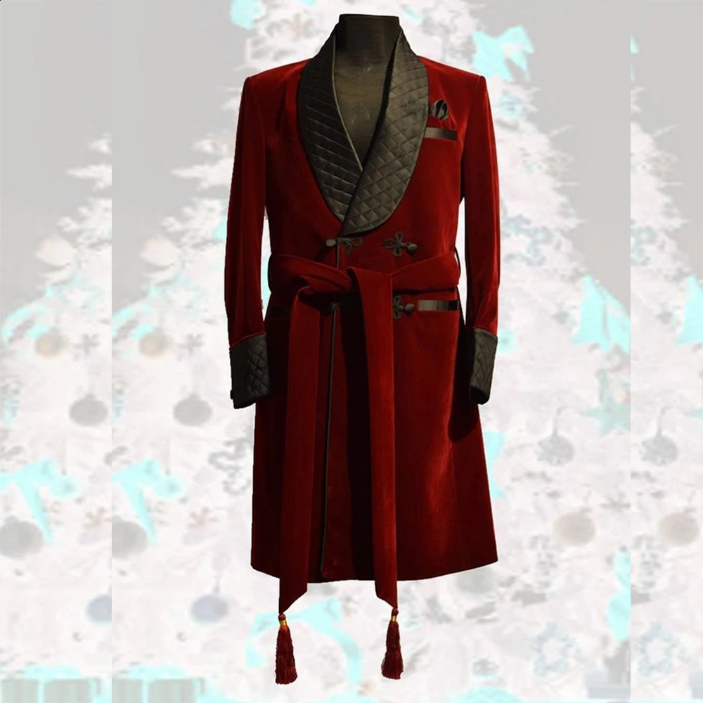 Elegant Mens Suits Black Shawl Lapel Belt Blazer Burgundy Velvet Long Jacket 1 Piece Daily Casual Smoking Male Clothing 250311