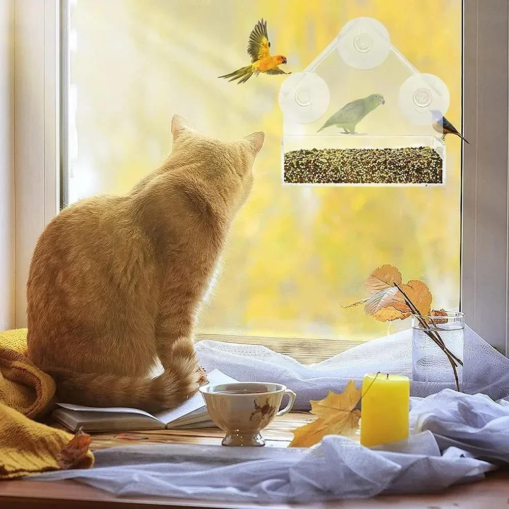 Indoor transparent window wild bird feeder outdoor detachable suction cup slide garden courtyard automatic feeding tray 250320