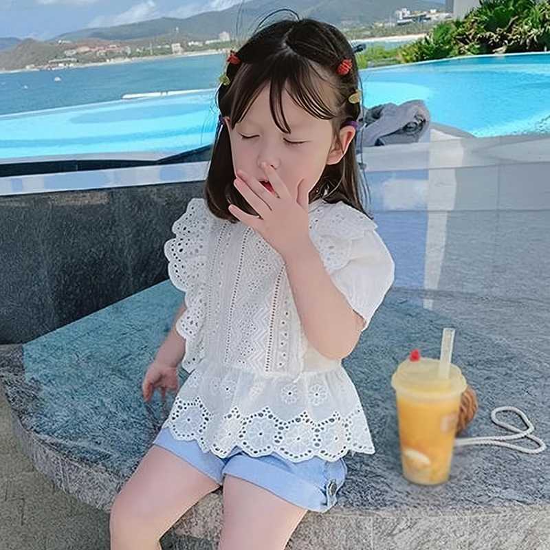 Summer girls clothing hollow round neck bubble sleeves short sleeves lace hollow breathable shirt childrens topT250320