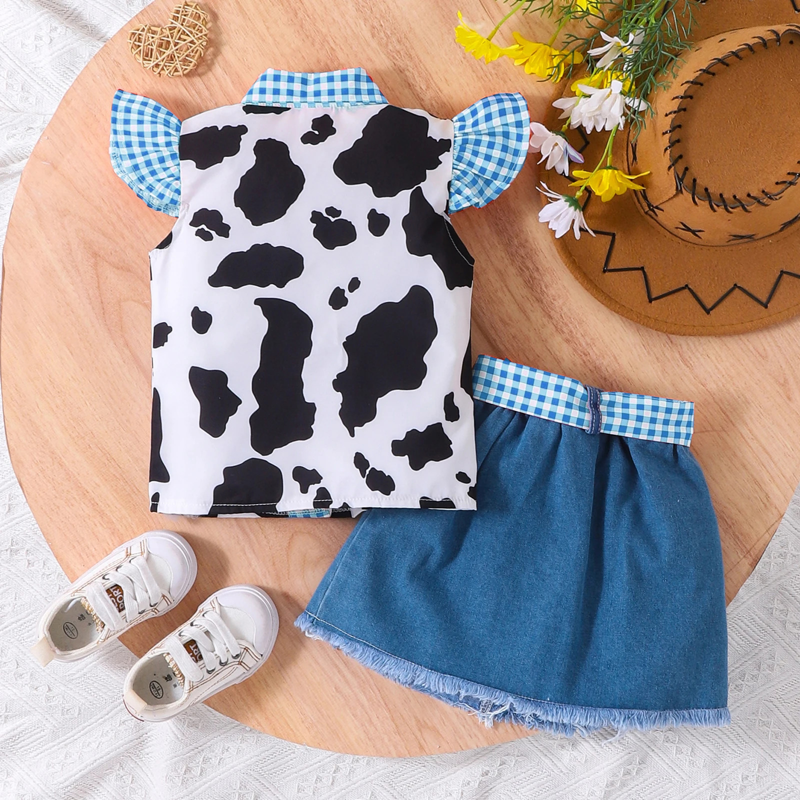 2PCS summer girl sweet personality plaid matching denim black and white shirtdenim skirt 250319