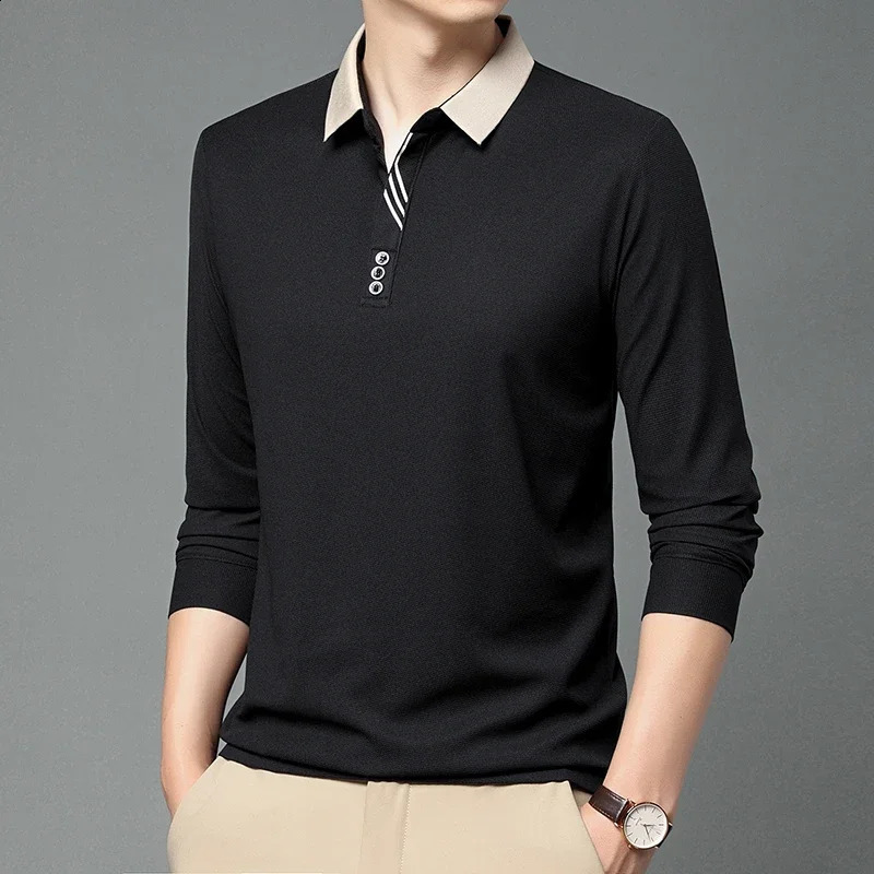 Mens business casual long sleeved solid color polo shirt fashionable breathable and comfortable Versatile top 250318
