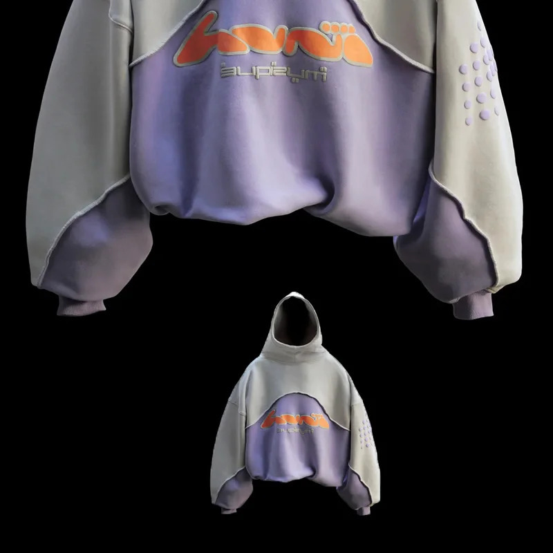 American style fashion hoodie Y2K street patch patchwork pattern mens shirt pocket retro womens 250320