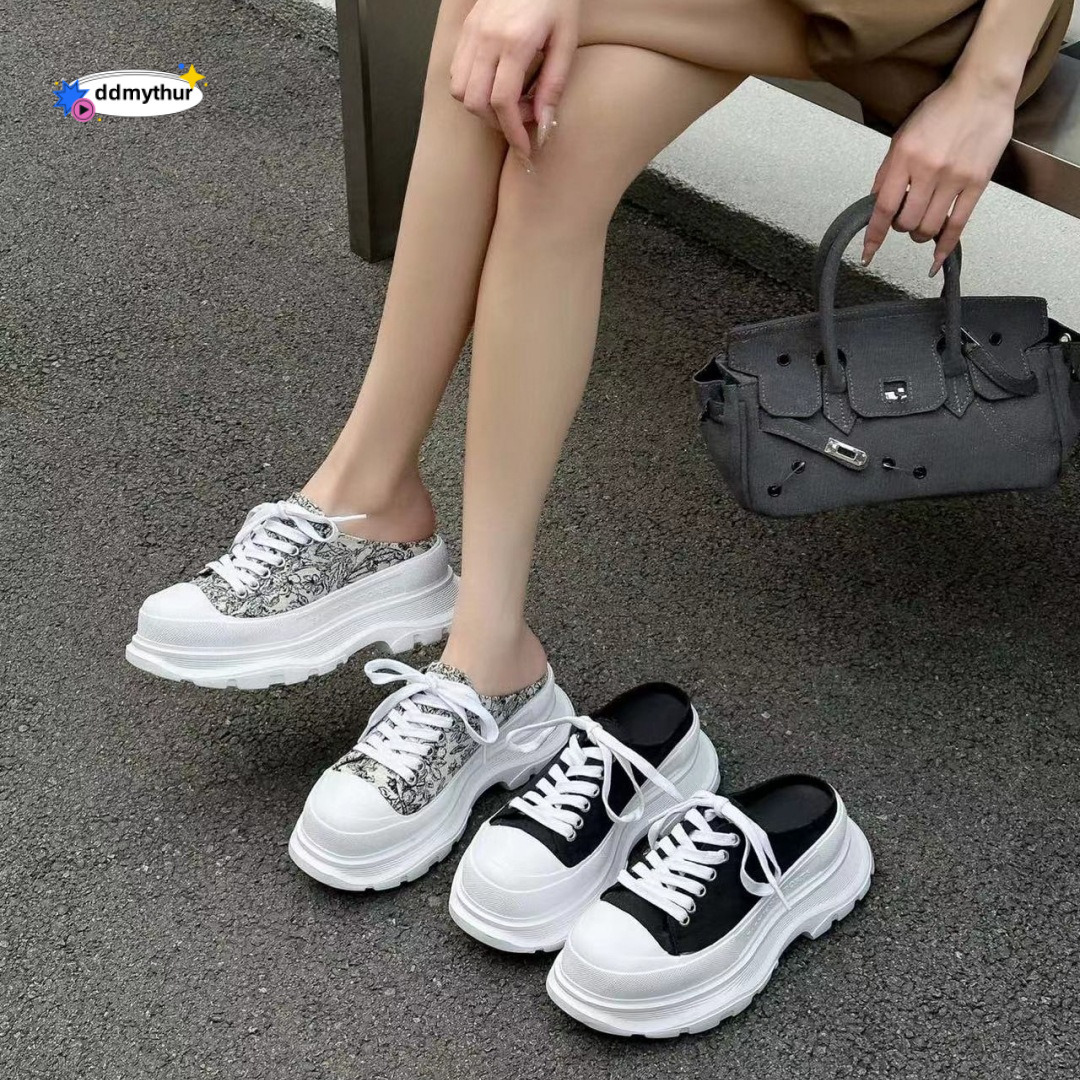 Chinese style canvas s with sponge cake soles women's s, new print for summer 2024, casual lace up, increased height, lightweight and breathable 