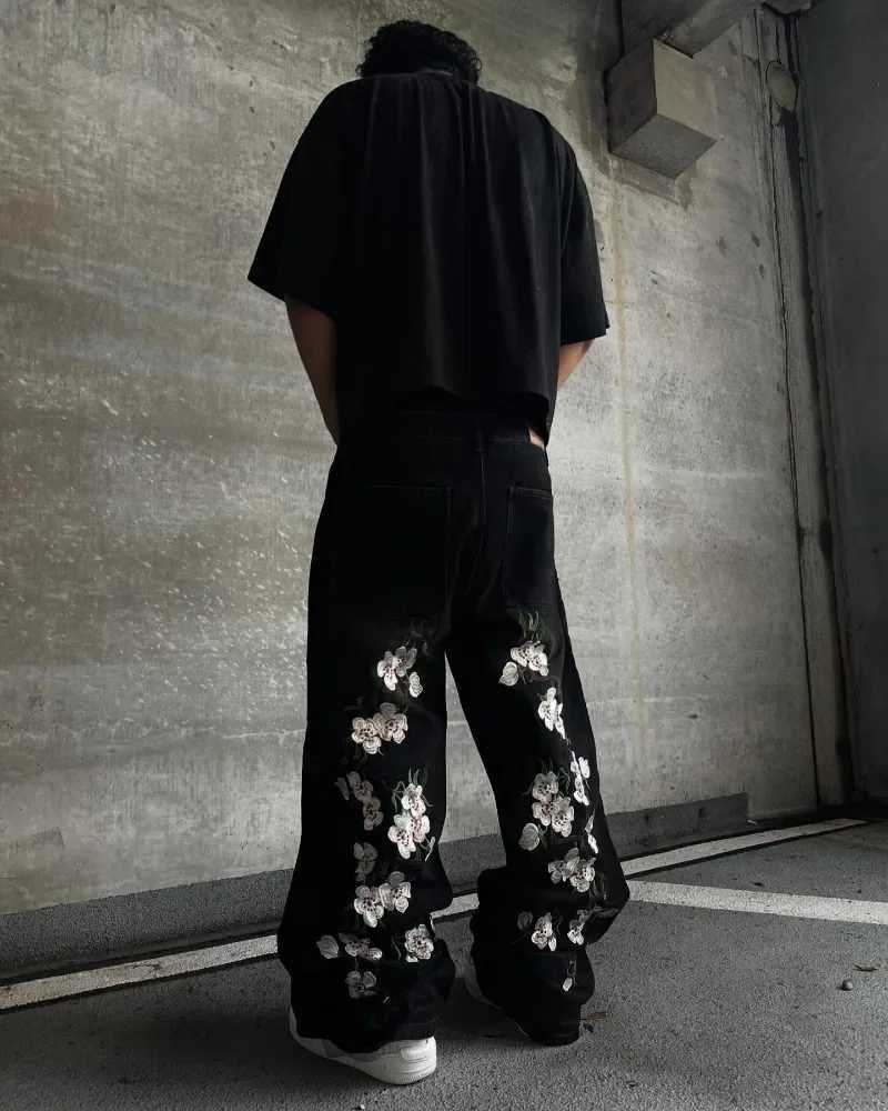 Y2K bagged jeans Harajuku retro cherry blossom embroidered high-quality street jeans hip-hop gothic mens wide leg jeansT250319