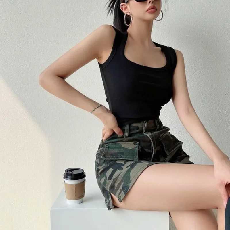 High Street Split denim bodysuit womens 2023 summer with pocket camouflage cargo bodysuit American retro high waisted mini skirtXJ250320