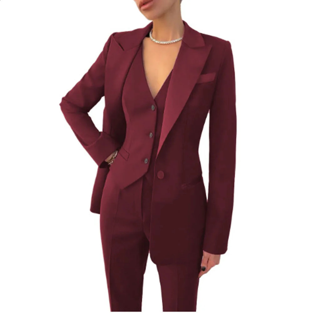 Black womens suit jacket vest pants 3 pieces suitable for office work slim and Burgundy set formal wedding attire 250319