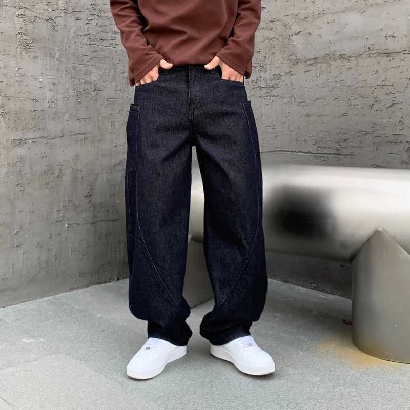 Durable black denim jeans mens flat wide legs pockets denim bottom mens classic work pantsT250319