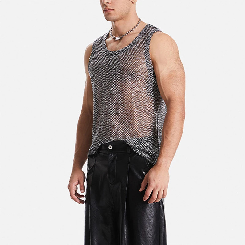 Mens Hollow Out Mesh Tank Tops Fashion Vests Tassel Sleeveless Streetwear Heavy Craft Perspective Sexy Performance Nightclub 250319
