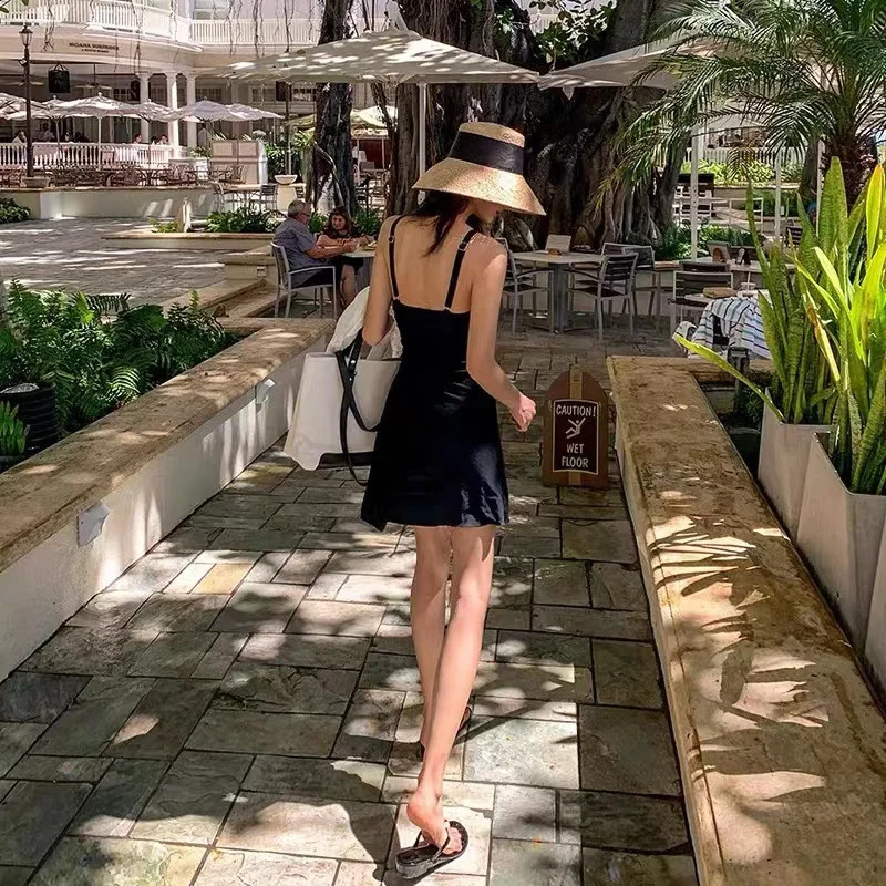 Black Dress Style One Piece Swimsuit for Women Sexy Spring Spa Modest Swimwear Bathing Suit Korean Style 250319