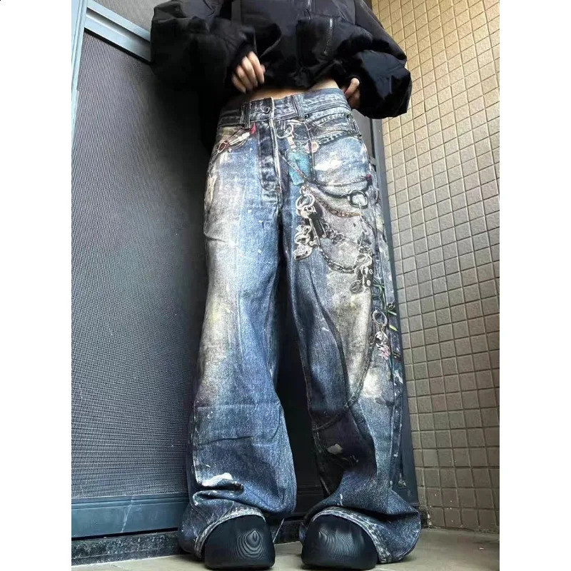 American Vibe Large Size Heavy Industry Chain Printed Jeans for Women Street Hip-Hop Straight Loose Slimming Wide Legs pants 250319