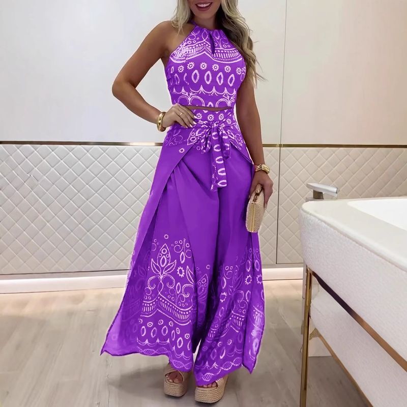 Womens Clothing Spring And Summer New Retro National Style Halter Top Wide Leg Pants Set