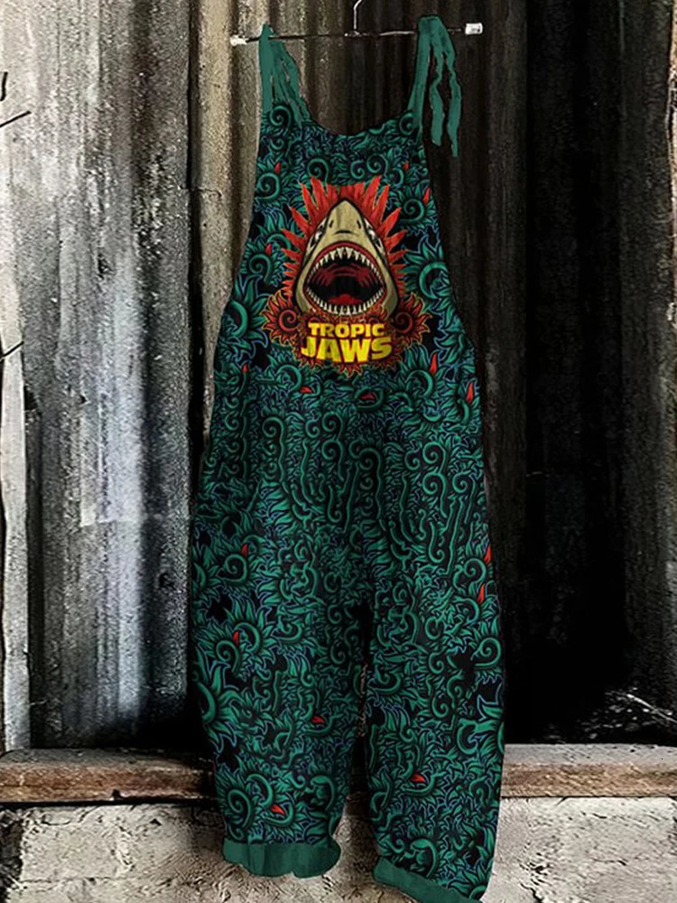 2024 casual fashion elegant womens loose adjustable hanging jumpsuit retro floral geometric print wide leg 250320