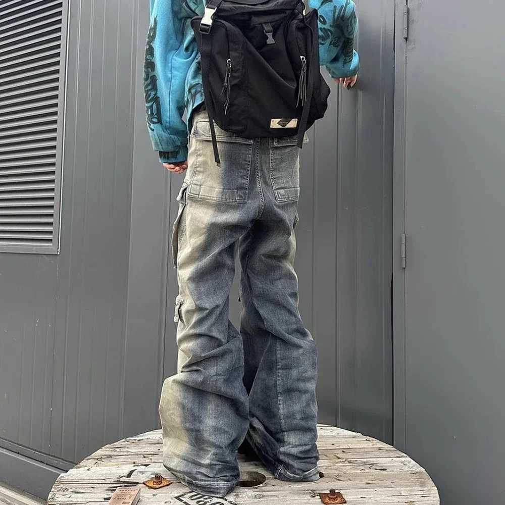 RO style gradient ribbon mens multi pocket drawstring jeans Harajuku streetwear bag Y2K denim typewriter oversized cargoT250319