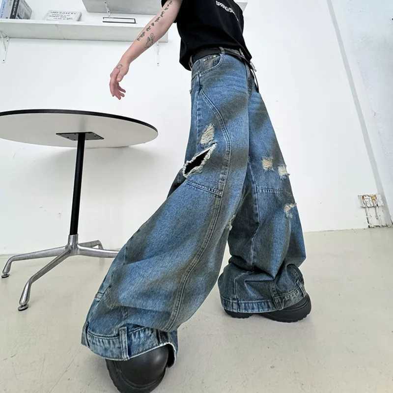 IEFB American Style Mens Jeans Dirty-dye Flip Design Wide Leg Pants High Street MenWear Male Denim Trousers New Stylish 9C7025T250319