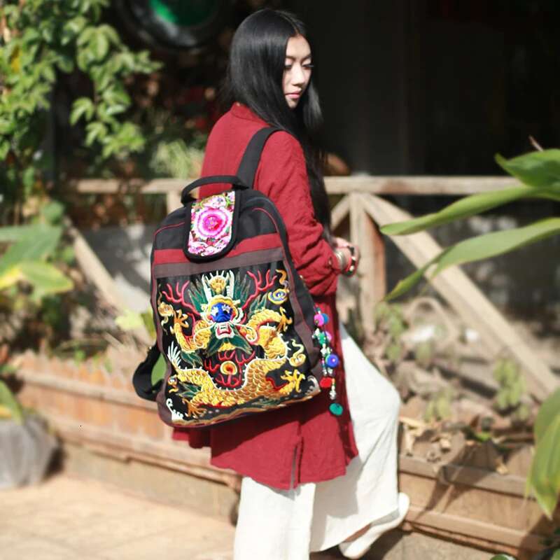 Top Women's Fashion Large Bags Black Canvas Embroidered Ethnic Bag School Backpack