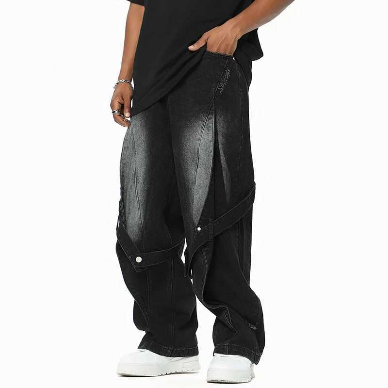 IEFB High Street mens denim pants washed in our ribbon patch work contrast color loose mens straight pants autumn 9C8650T250319