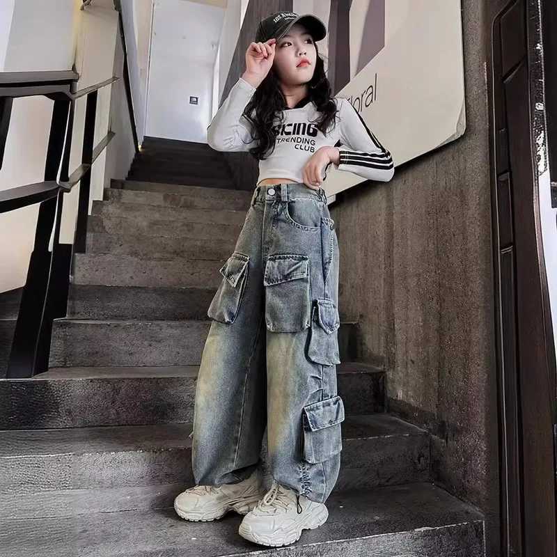 Cargo Jeans for Girls 2024 Spring Loose Casual Elastic Waist Teenage Children Wide Leg Pants Design Streetwear Kids TrousersT250326